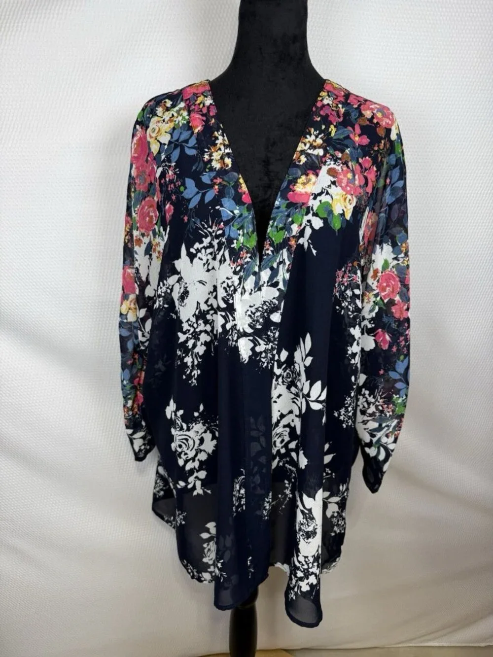 Roz & Ali Kimono Cardigan Womens 2X Plus Pink Blue Floral Sheer Open Front Boho - Picture 12 of 12